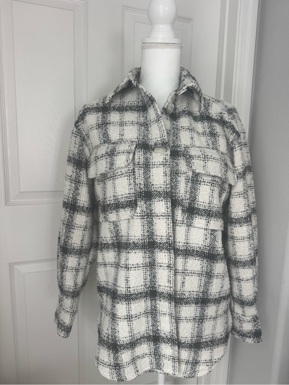 H&M Cream and Black Plaid Utility Shacket